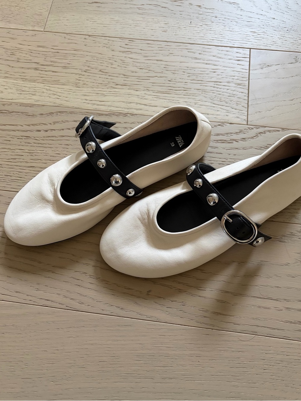 Zara Cream Leather Studded Mary Jane Ballet Flats EU 39 US 8.5 Buckle Balletcore - Picture 5 of 10